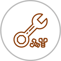 Wrench and bolts icon in circle.