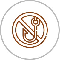 Prohibited fishing symbol in brown circle.